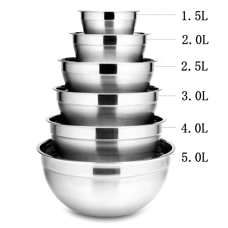 6Pcs Stainless Steel Bowls Set 1.5-5L Capacity Nesting Mixing Bowl Kitchen Cooking Salad Bowls Vegetable Food Storage Container