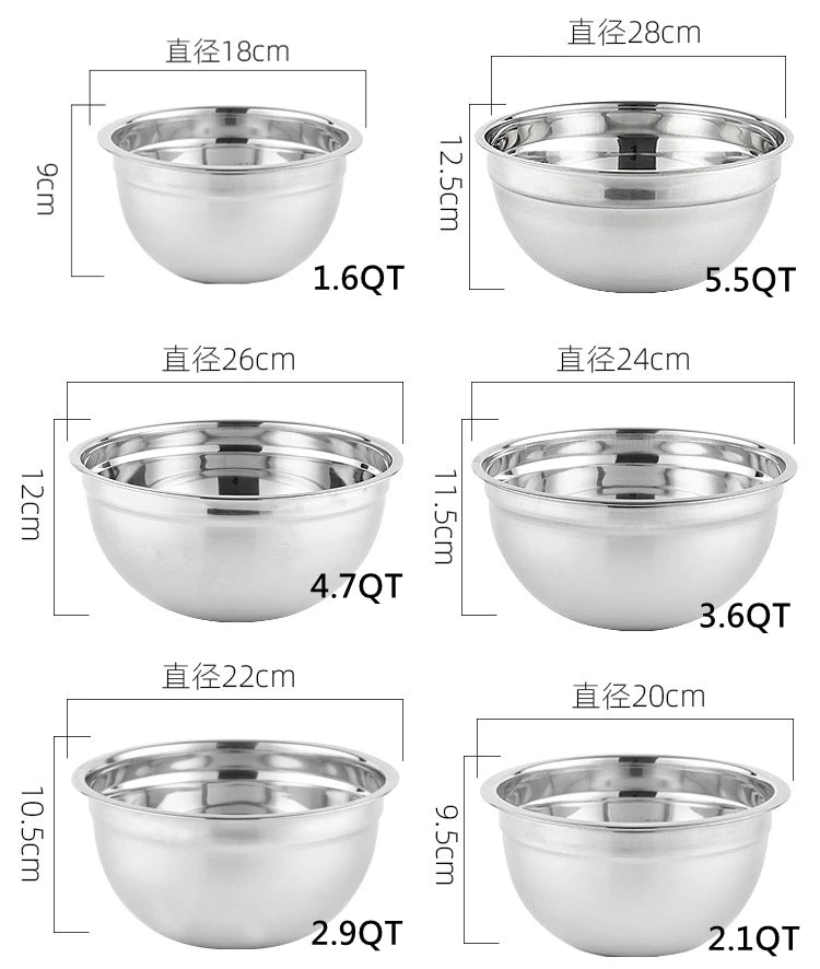 6Pcs Stainless Steel Bowls Set 1.5-5L Capacity Nesting Mixing Bowl Kitchen Cooking Salad Bowls Vegetable Food Storage Container