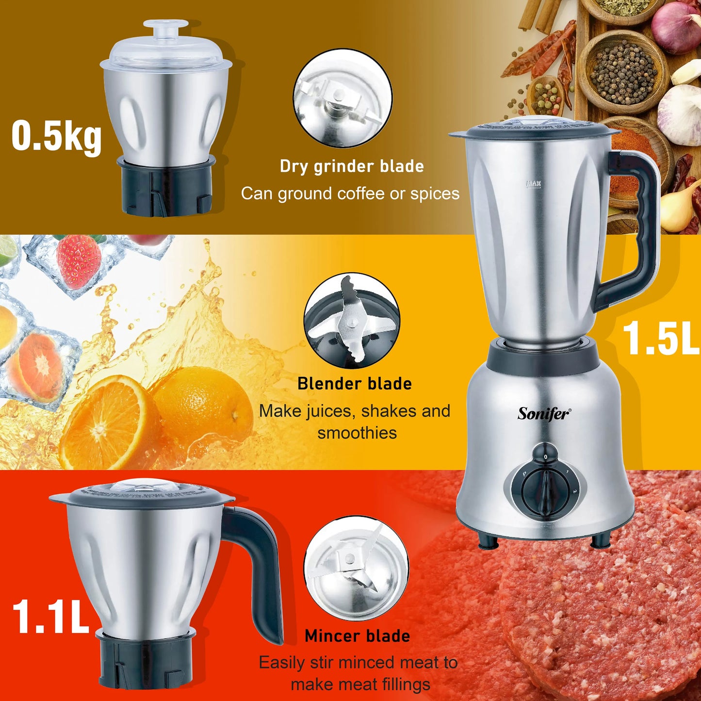 3 in 1 Blender&Meat Grinder&Juicer&Grinding Stainless Steel Kitchen Mixer Fruit Food Processor Ice Smoothies BPA Free Sonifer