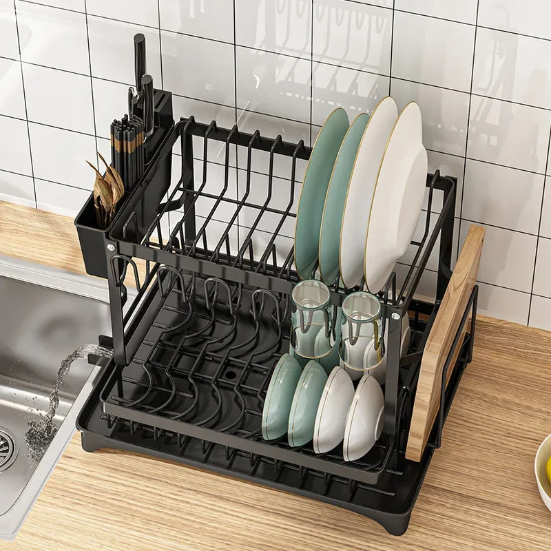 2 Tier Multipurpose Dish Drying Rack Kitchen Countertop Bowl Cups Utensil Holder Cutting Board Space-Saving Storage Rack