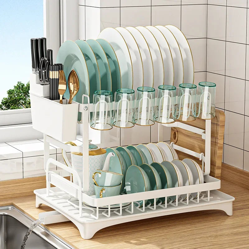 2 Tier Multipurpose Dish Drying Rack Kitchen Countertop Bowl Cups Utensil Holder Cutting Board Space-Saving Storage Rack