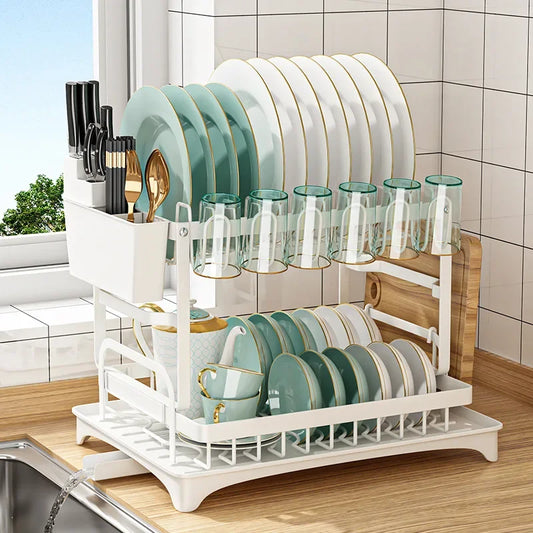 2 Tier Multipurpose Dish Drying Rack Kitchen Countertop Bowl Cups Utensil Holder Cutting Board Space-Saving Storage Rack