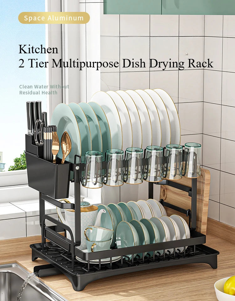 2 Tier Multipurpose Dish Drying Rack Kitchen Countertop Bowl Cups Utensil Holder Cutting Board Space-Saving Storage Rack