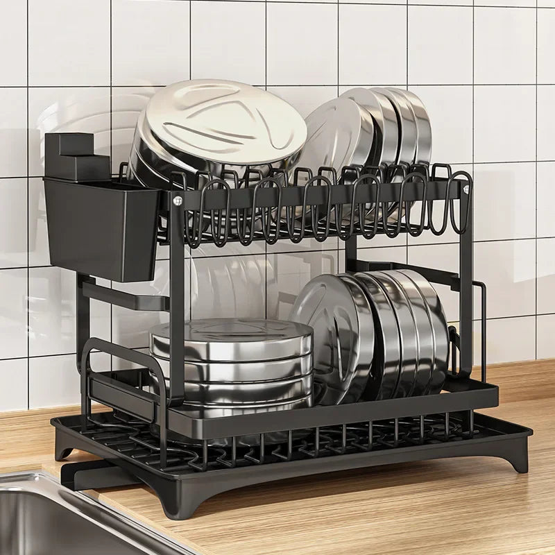 2 Tier Multipurpose Dish Drying Rack Kitchen Countertop Bowl Cups Utensil Holder Cutting Board Space-Saving Storage Rack