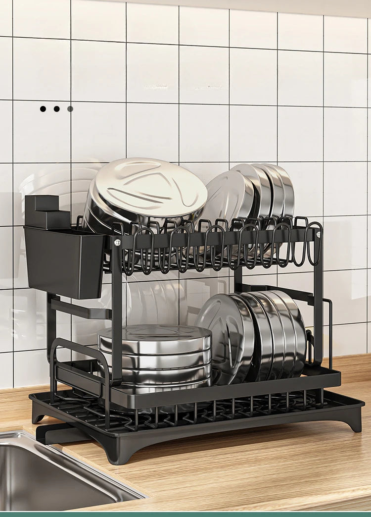 2 Tier Multipurpose Dish Drying Rack Kitchen Countertop Bowl Cups Utensil Holder Cutting Board Space-Saving Storage Rack