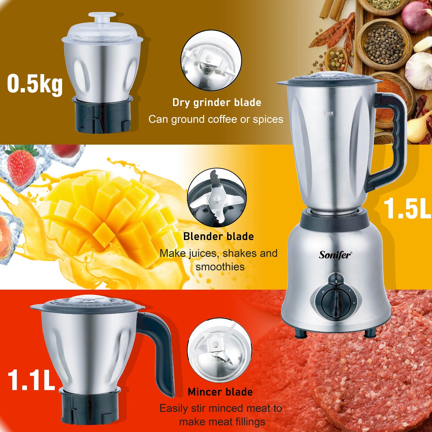 3 in 1 Blender&Meat Grinder&Juicer&Grinding Stainless Steel Kitchen Mixer Fruit Food Processor Ice Smoothies BPA Free Sonifer