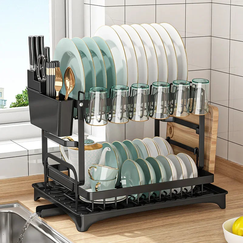 2 Tier Multipurpose Dish Drying Rack Kitchen Countertop Bowl Cups Utensil Holder Cutting Board Space-Saving Storage Rack